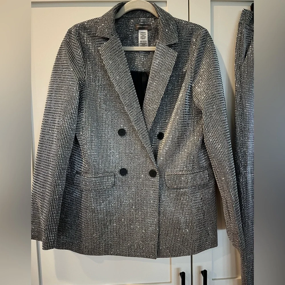 NWOT Sans Souci Silver Glitter Suit Set Blazer Pants Party NYE Medium